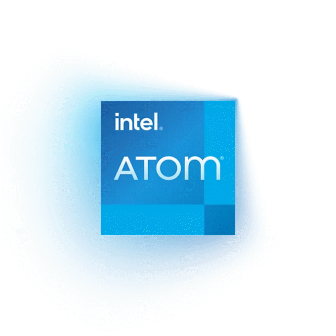 Intel Atom logo on a geometric background