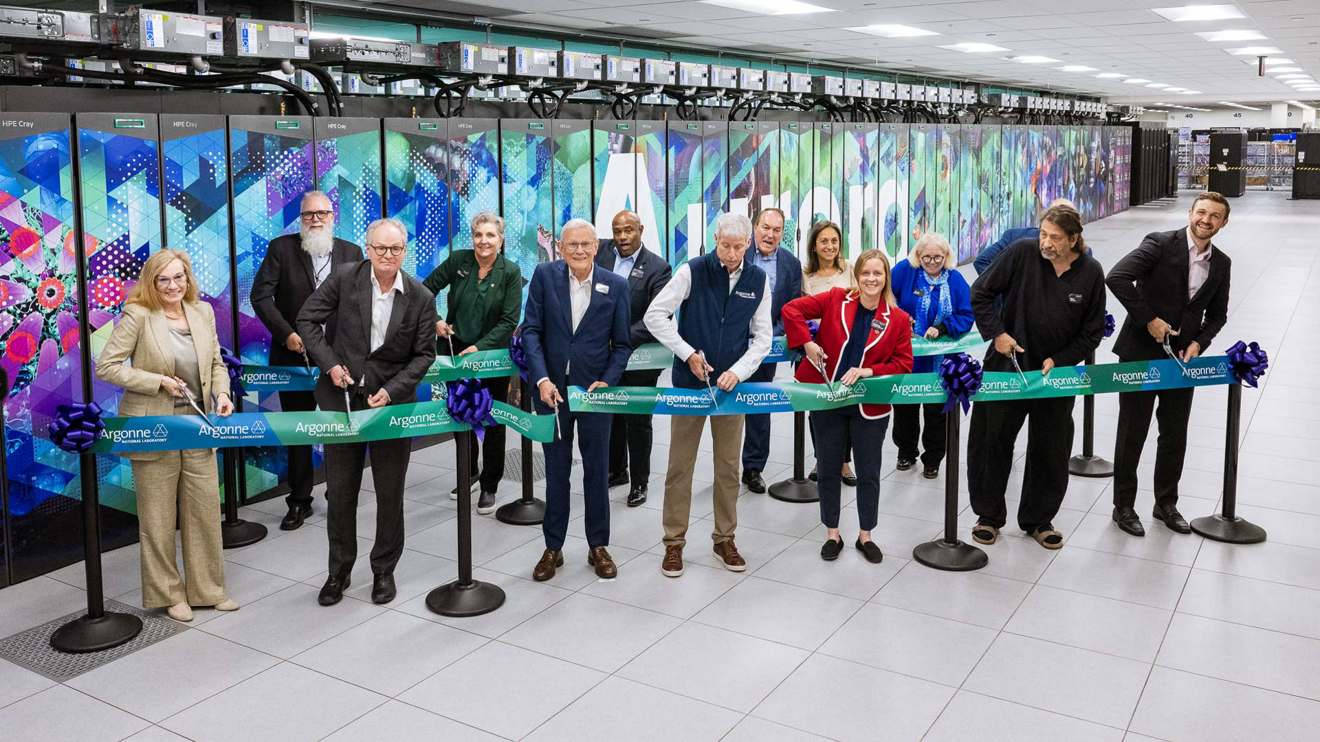 Leaders participate in a ribbon-cutting ceremony for the Aurora exascale computer at Argonne National Laboratory.