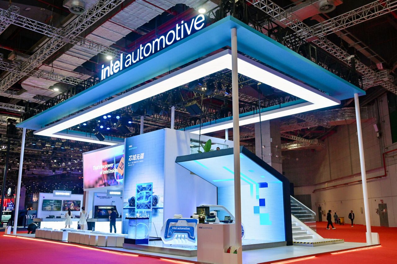 Intel’s booth at the Auto Shanghai event greeted visitors to a