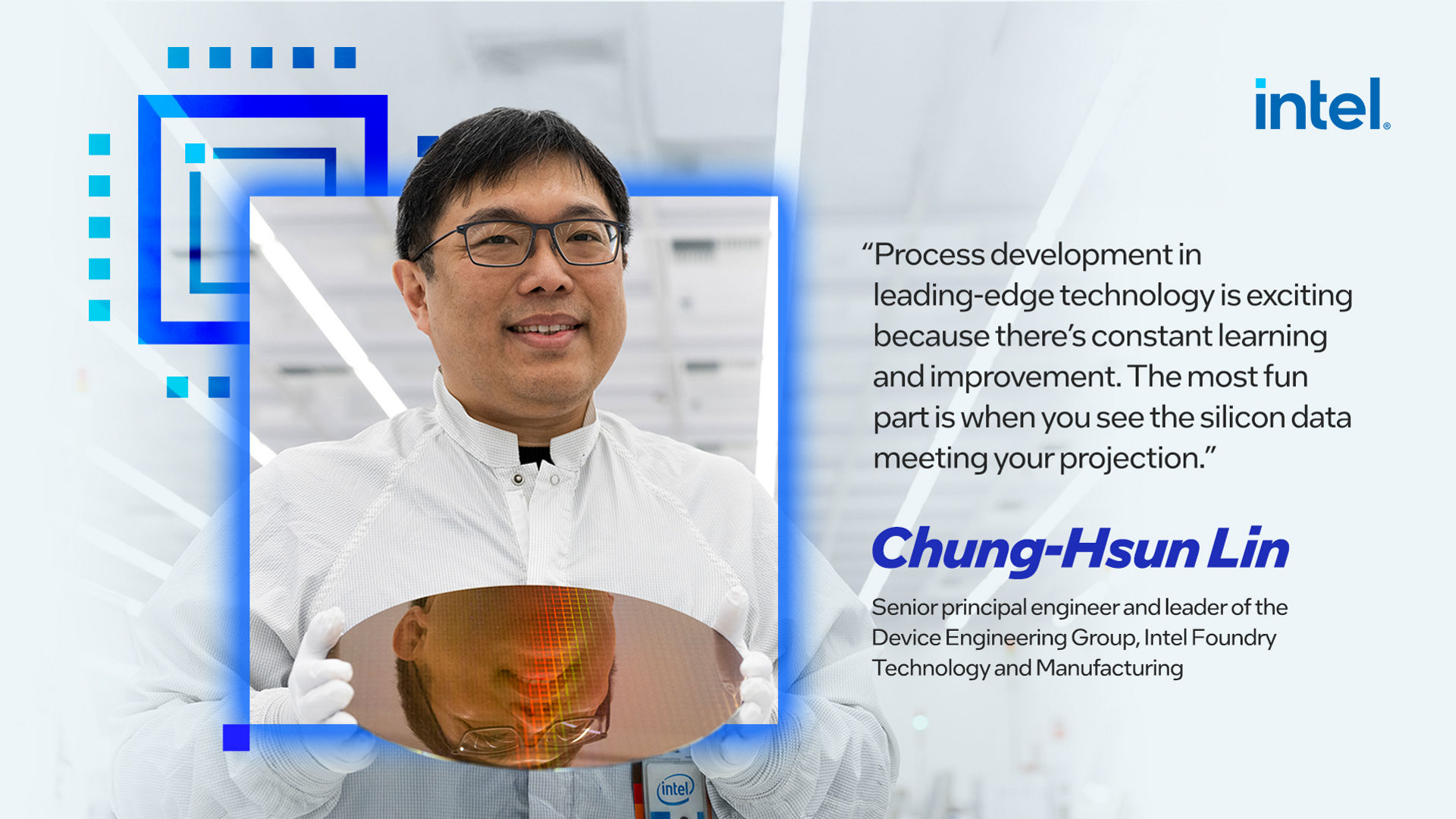 Chung-Hsun Lin holds a silicon wafer in an Intel cleanroom.