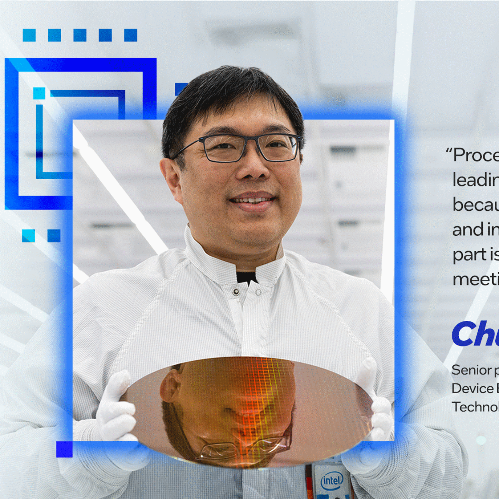 Chung-Hsun Lin holds a silicon wafer beside a quote about constant learning and silicon data meeting projections.