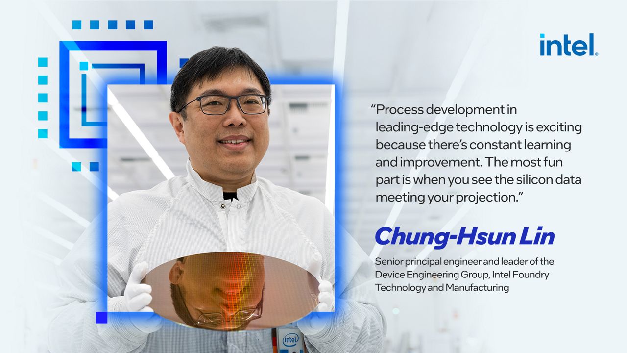 Chung-Hsun Lin holds a silicon wafer beside a quote about constant learning and silicon data meeting projections.