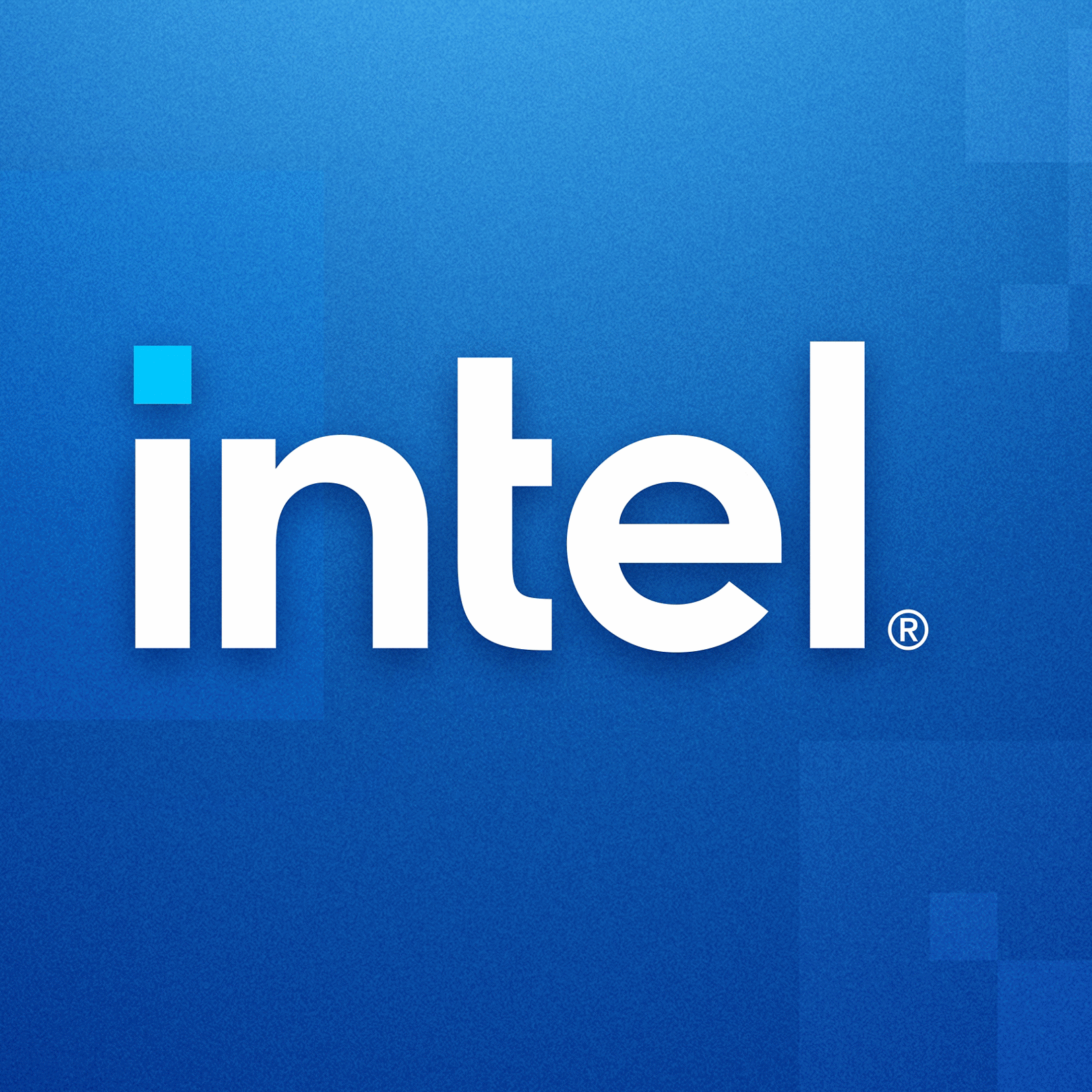 Blue background with geometric shapes and the word intel in bold, white lowercase letters centered.
