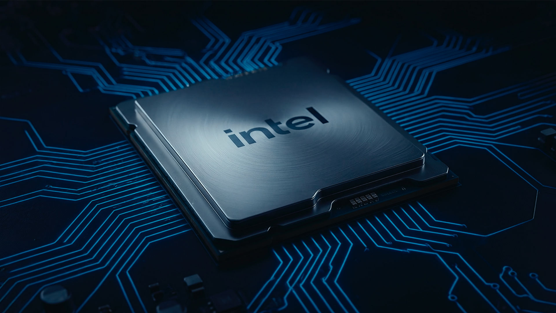 Intel processor on a circuit board with electronic pathways and a button linking to a video.