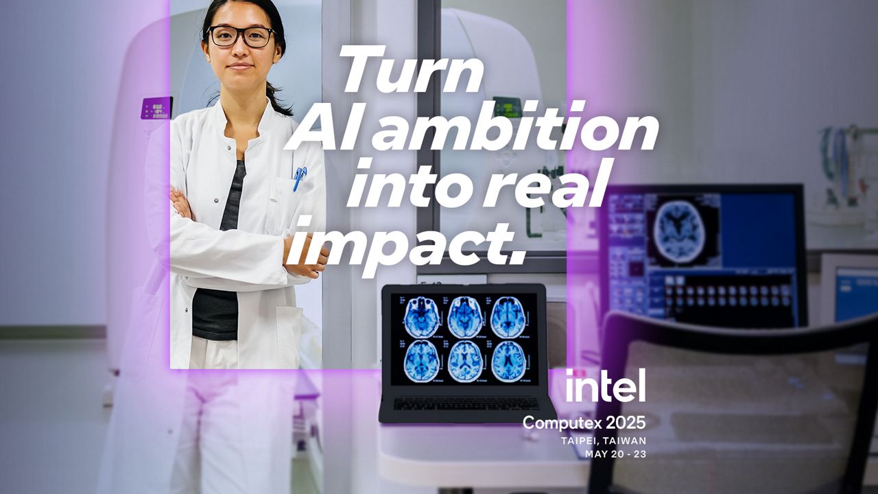 A woman wearing glasses and a white lab coat stands by laptops showing brain scan software. Words say Turn AI ambition into Real impact.