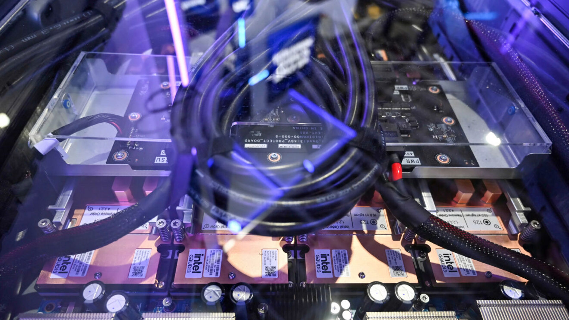 Intel Gaudi 3 AI accelerators on display at the Intel booth during Computex 2025.