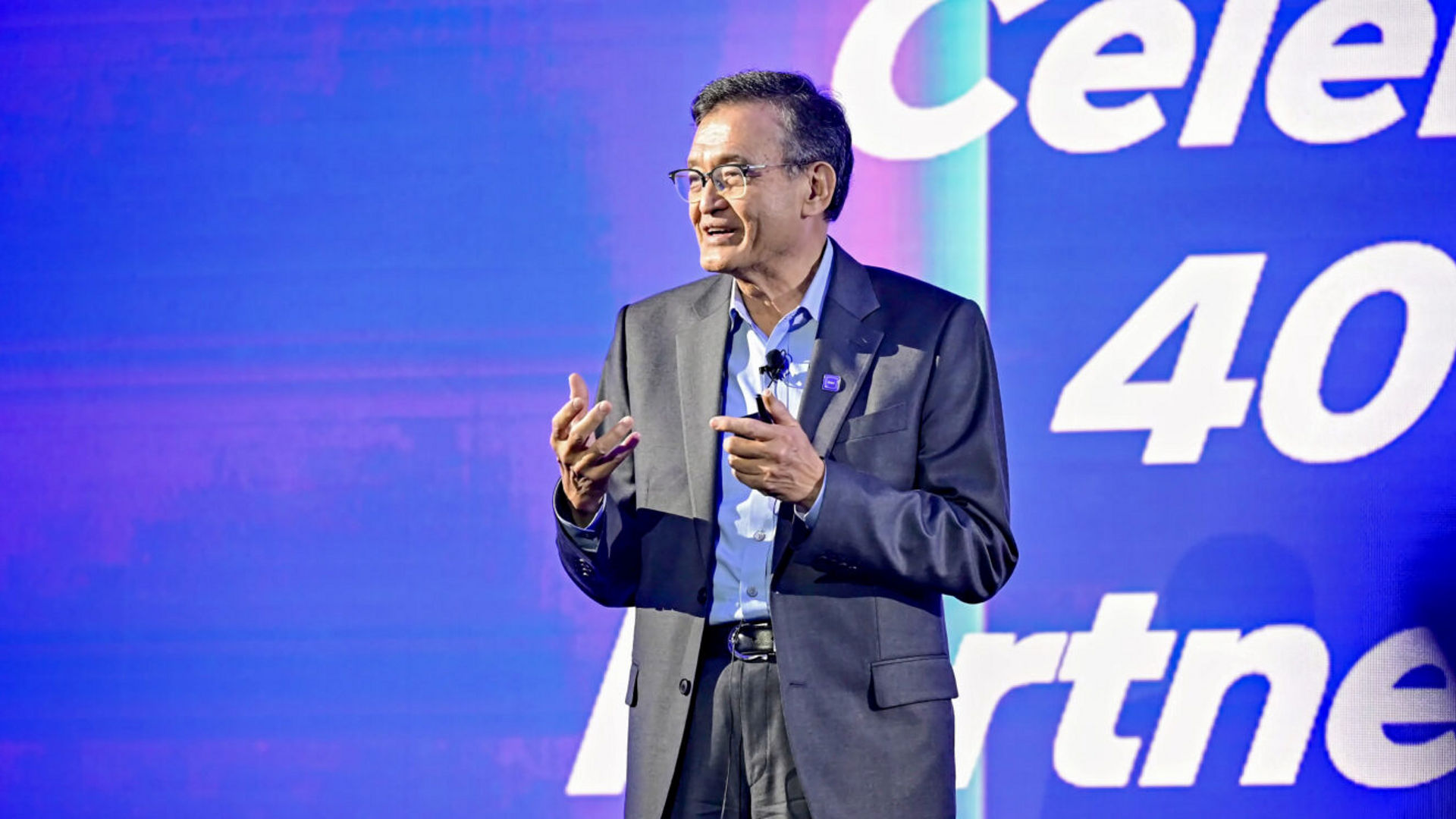 Lip-Bu Tan speaks on stage at an Intel event during Computex 2025.