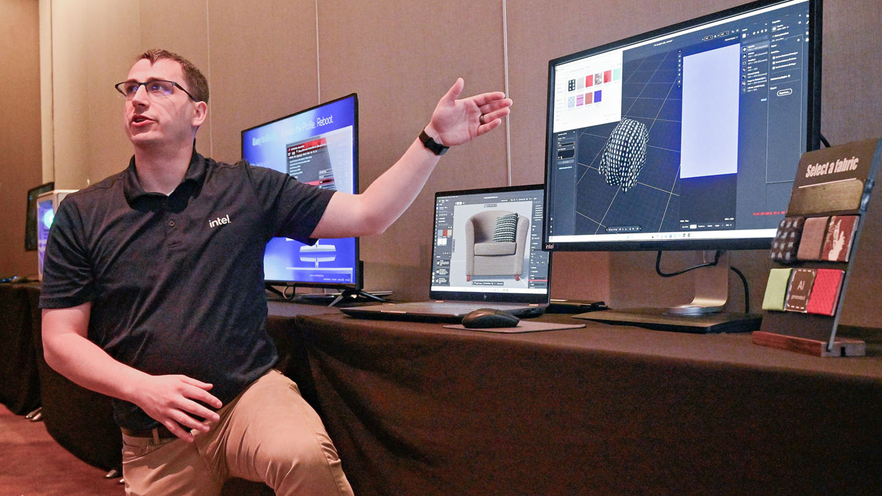 At Computex 2025, Intel’s Mike Bartz demonstrates AI PCs powered by Intel Core Ultra Series 2 desktop and mobile workstation processors. At the event on May 20-23, 2025, in Taipei, Taiwan, Intel marks 40 years of collaboration with local ecosystem partners and expands its GPU lineup, AI accelerator capabilities and AI assistant availability. (Credit: Intel Corporation)