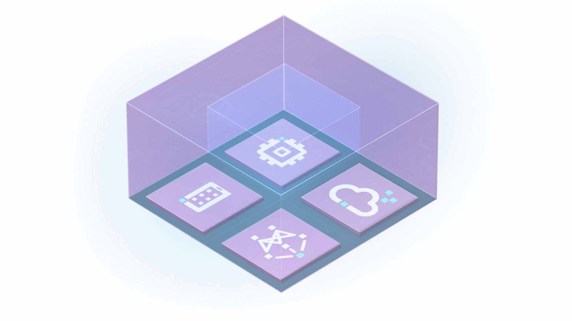Diagrama abstrato da plataforma com ícones do processador, da nuvem e da IA