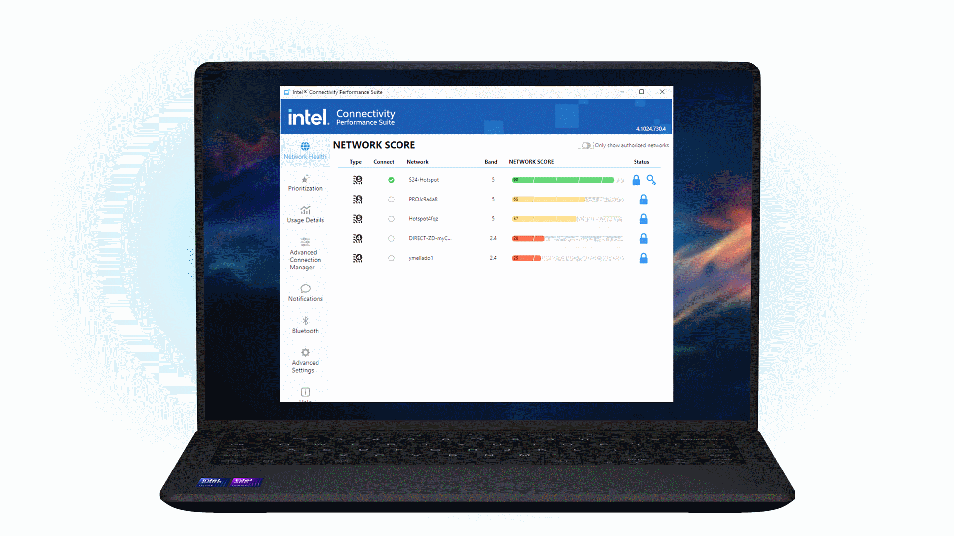 Intel Connectivity NETWORK SCORE on laptop screen