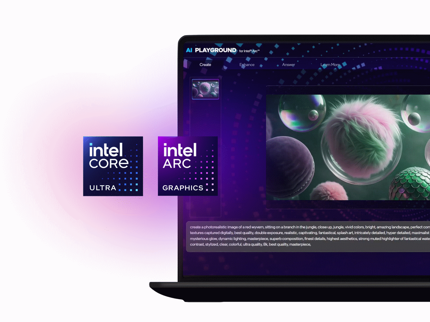 Laptop running AI image software with Intel Core Ultra and Intel Arc Graphics logos