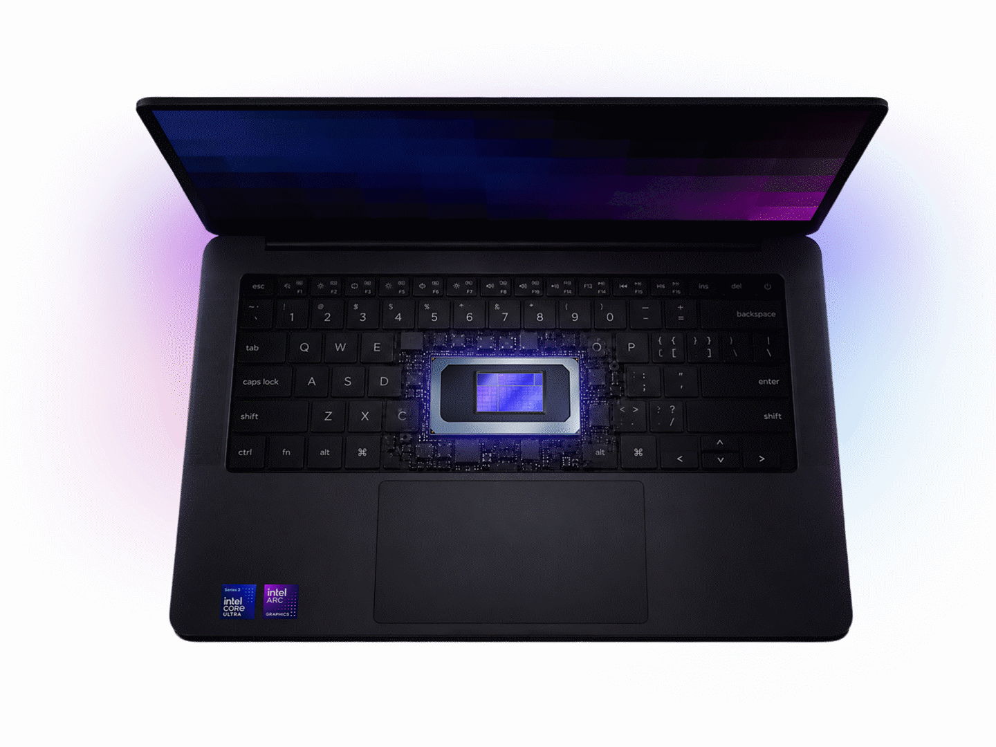 Laptop keyboard with an illuminated processor chip at the center