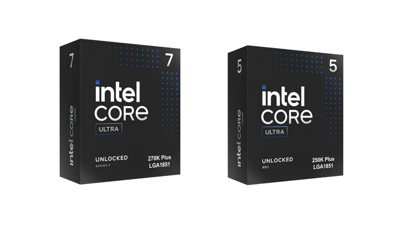 白色背景上並列展示 Intel Core Ultra 7 270K Plus 與 Intel Core Ultra 5 250K Plus 的黑色處理器包裝