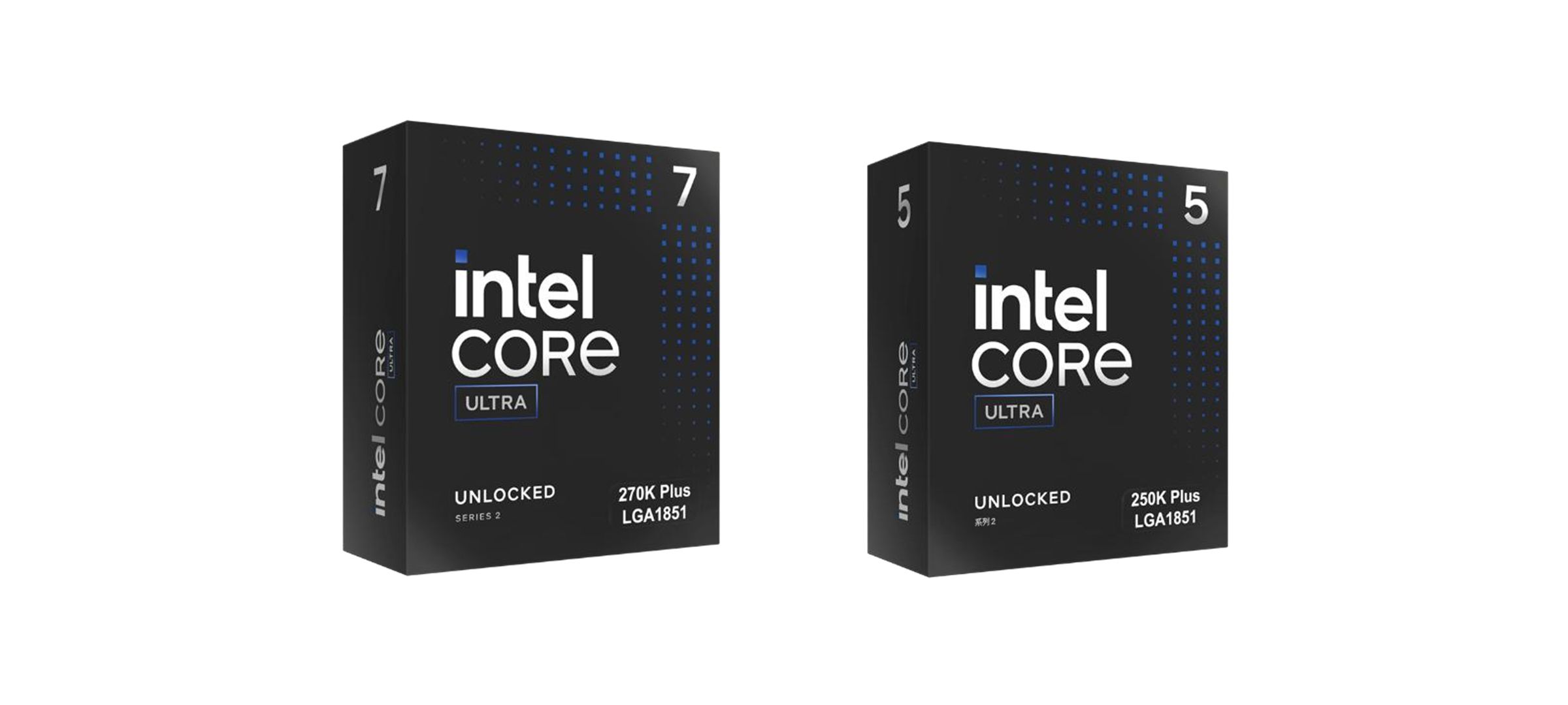 Boxed Intel Core Ultra 7 270K Plus and Core Ultra 5 250K Plus desktop processors, Intel's current Core Ultra desktop generation ahead of Nova Lake