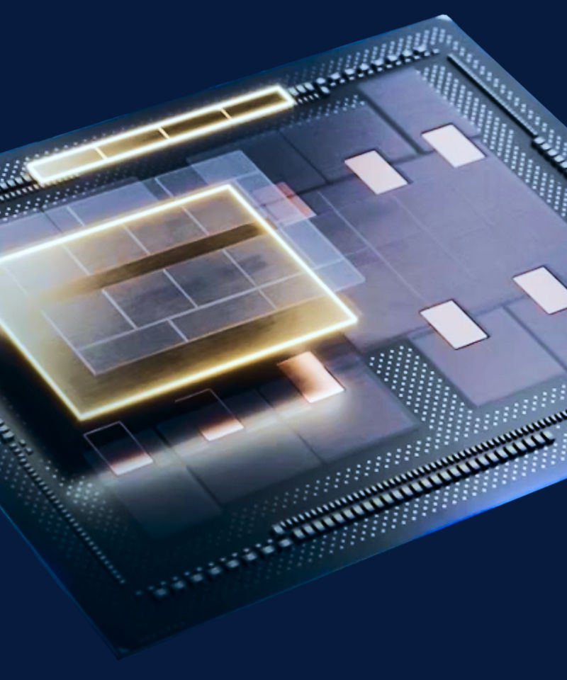 A computer chip with highlighted processing layers