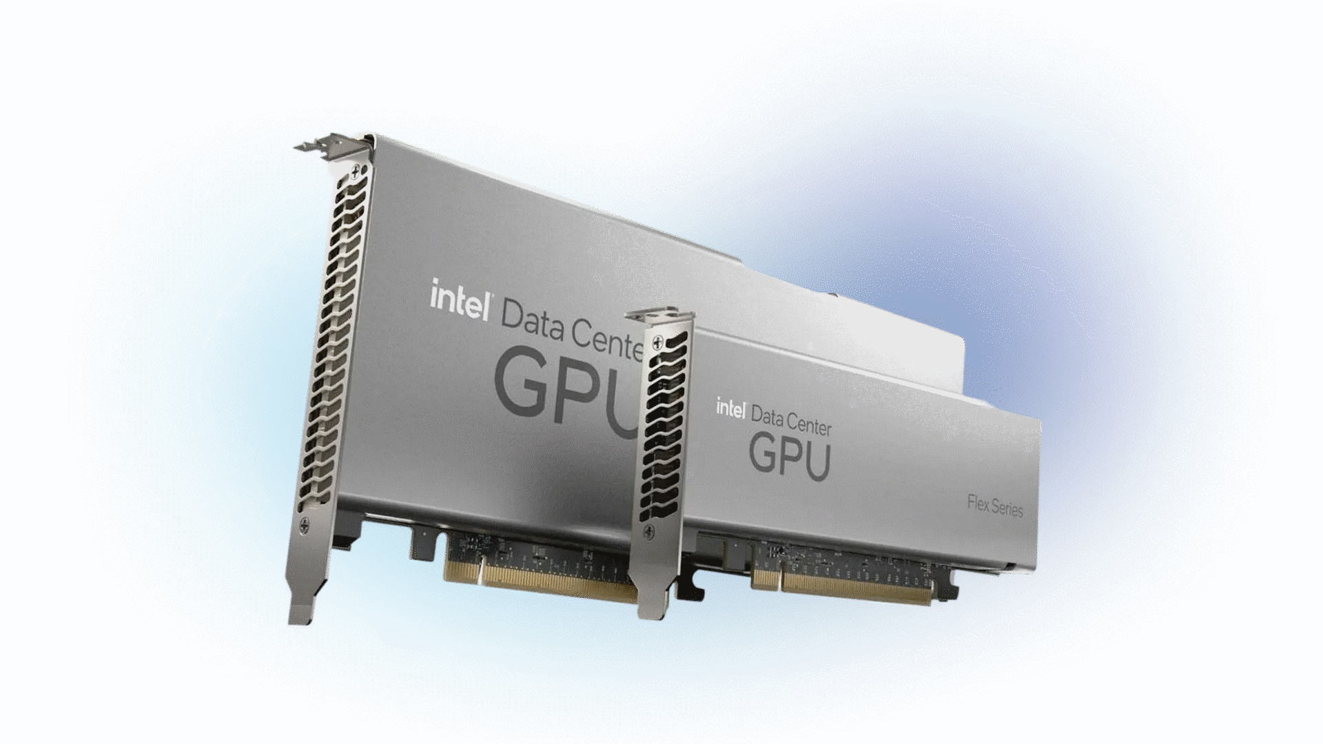 Intel Data Center GPU cards, shown against a dark blue background