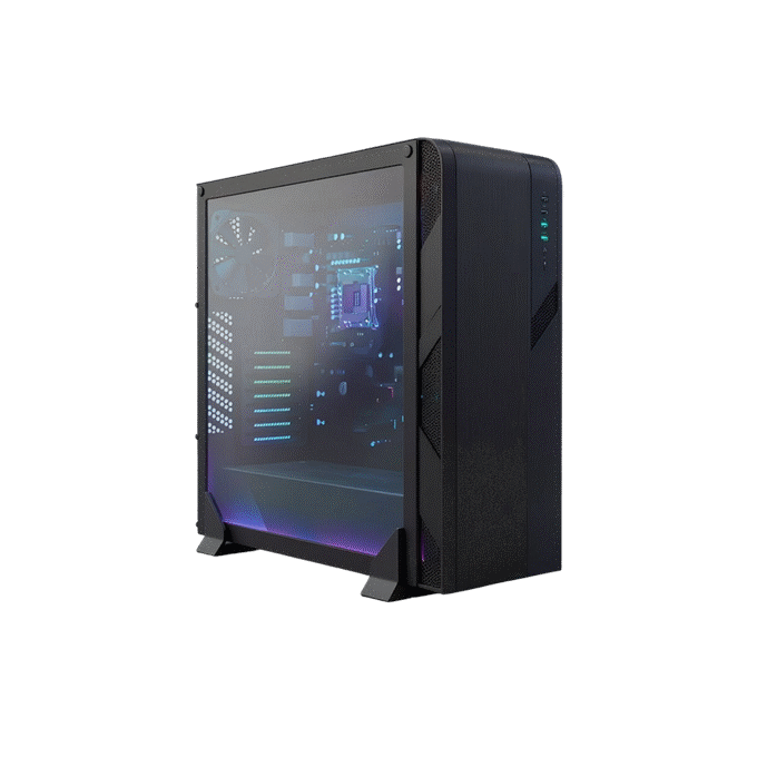 Desktop computer tower with a transparent side panel and internal components visible