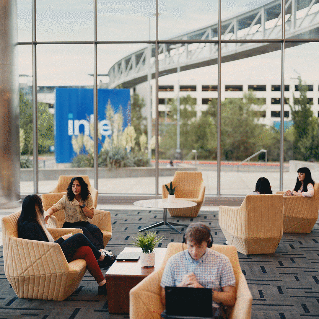 Intel employees in office sitting in a common area