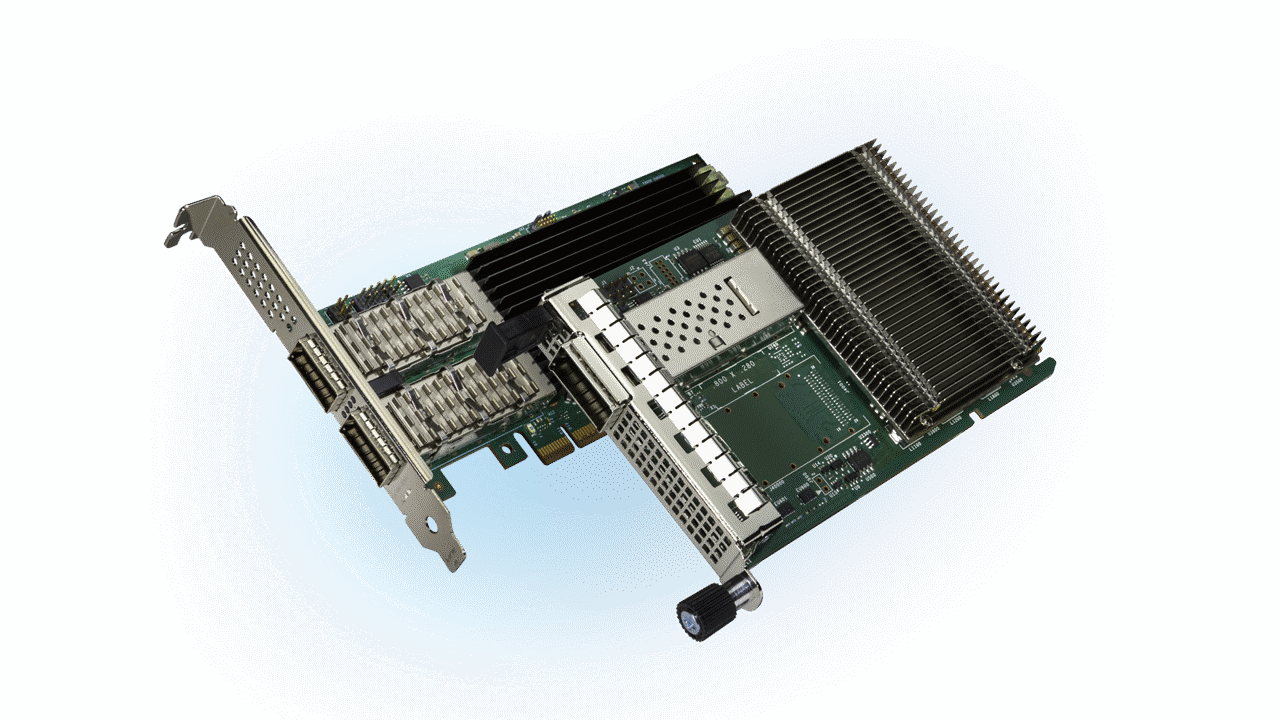 Two Intel Ethernet E835 OCP and PCIE network adapters side by side with a blue glow