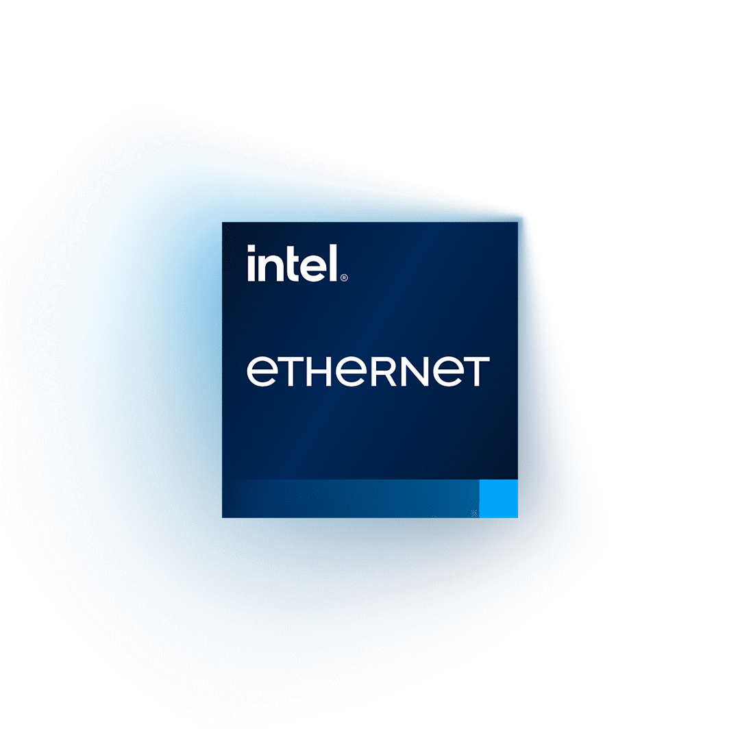 Intel Ethernet badge with a blue glow on a black background