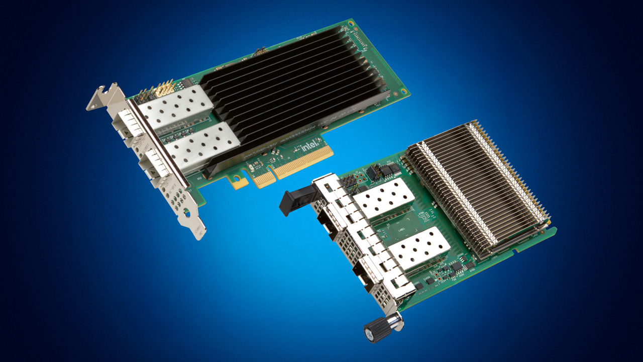 Intel Ethernet E830 Controllers and Network Adapters deliver high-performance network connectivity and improved performance per watt for demanding workloads. They are among two Ethernet product lines Intel introduced in February 2025 to meet the growing demands of enterprise, telecommunications, cloud, edge, high performance computing and AI applications. (Credit: Intel Corporation)