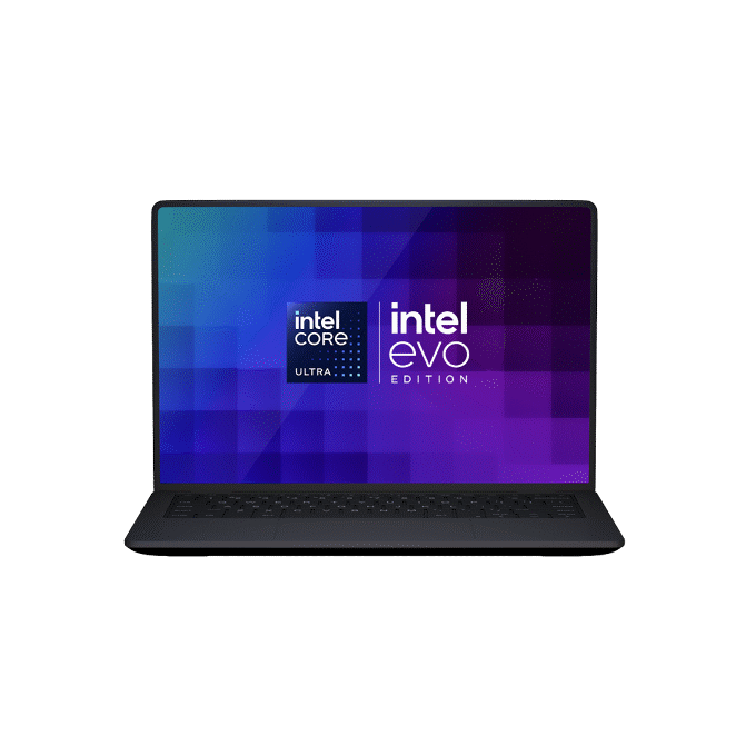 Open laptop with the Intel Core Ultra logo and Intel evo edition mark