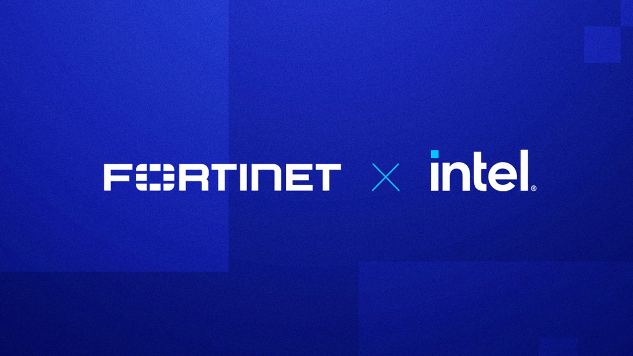 Fortinet and Intel logos on a blue background