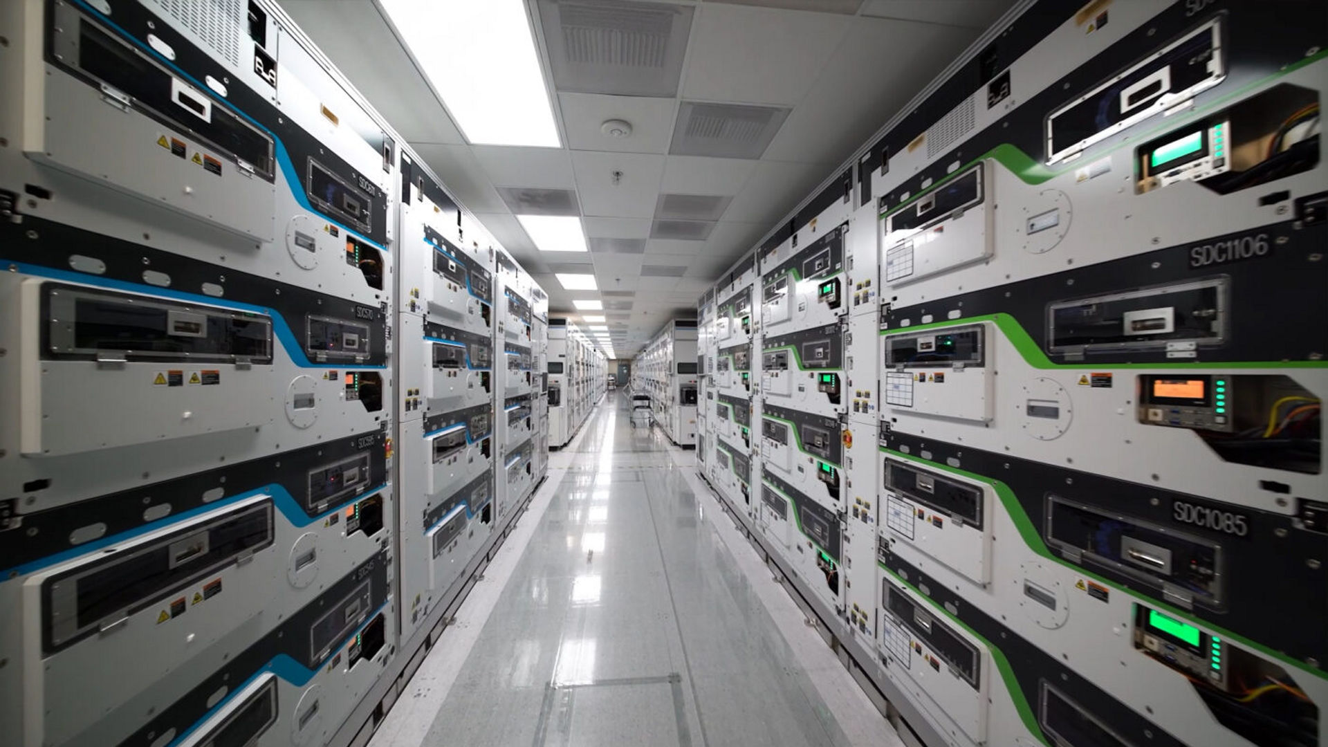 Intel high-density modular test singulated die sorters in a cleanroom facility.