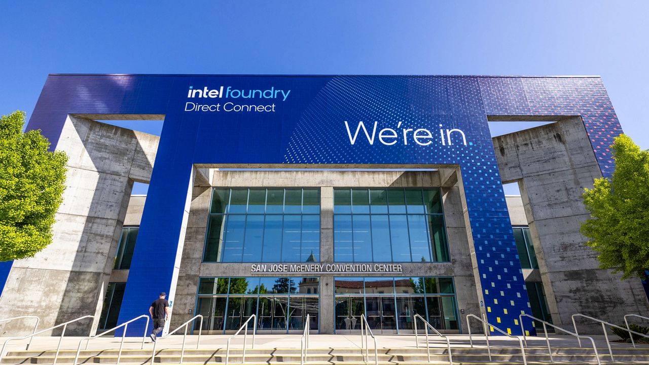 San Jose McEnery Convention Center entrance wrapped in Intel Foundry Direct Connect branding.