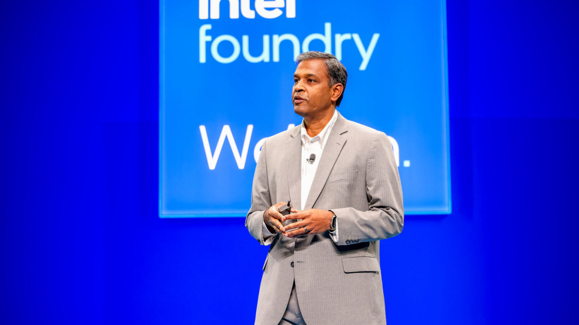Naga Chandrasekaran, Intel Foundry chief technology and operations officer, speaks on stage.