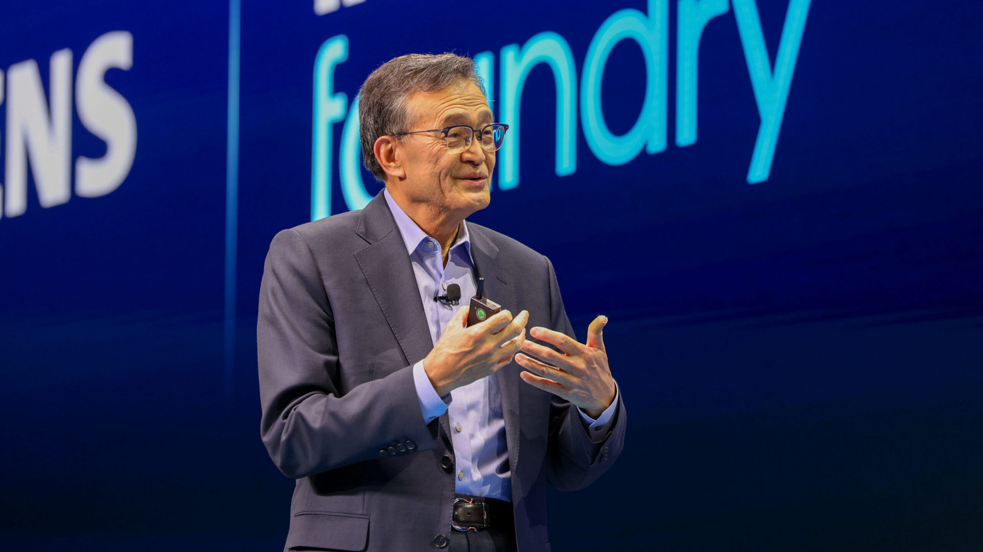 Lip-Bu Tan speaks during a keynote presentation at Intel Foundry Direct Connect.
