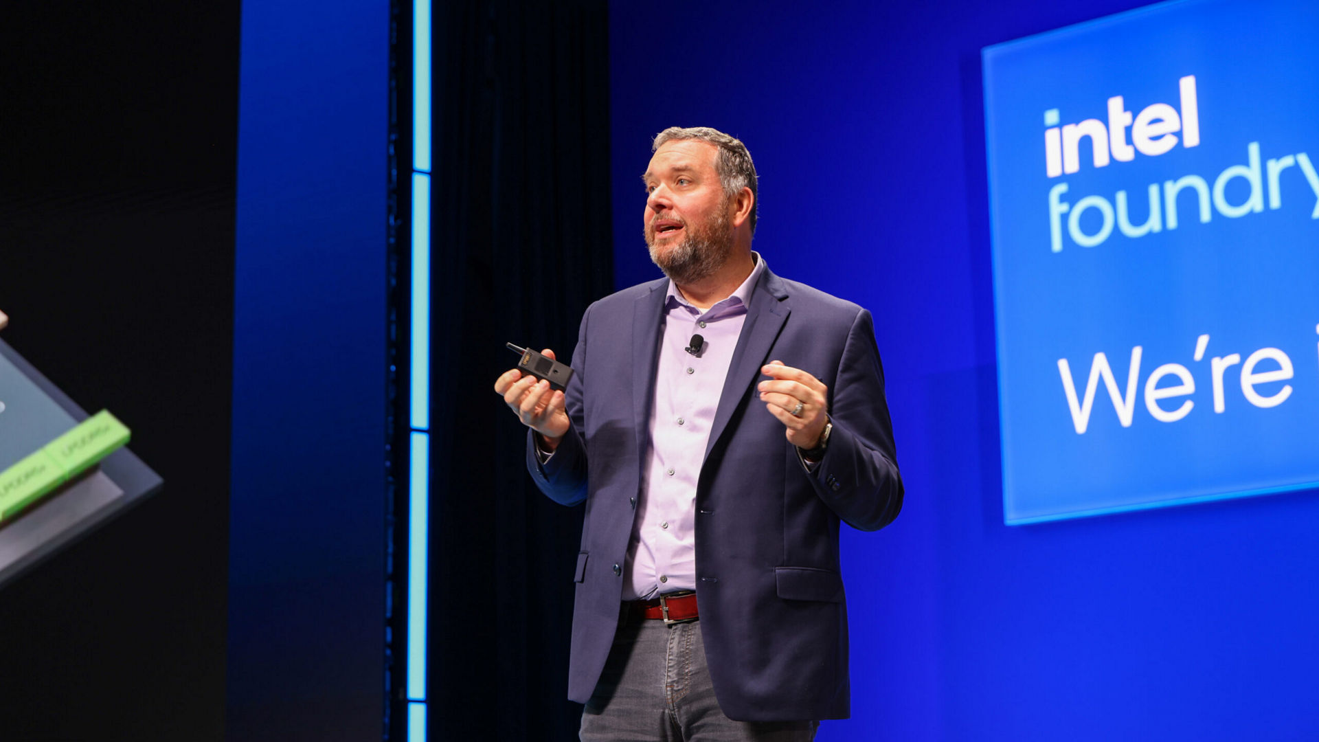 Kevin O’Buckley, general manager of Foundry Services, speaks during a keynote at Intel Foundry Direct Connect.