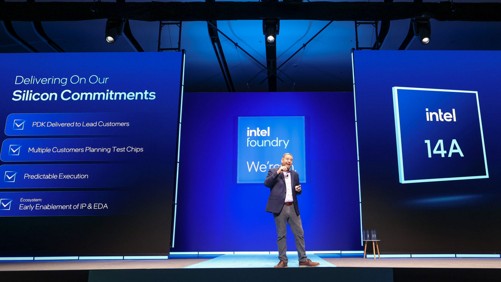Kevin O’Buckley speaks on stage during a keynote at Intel Foundry Direct Connect.
