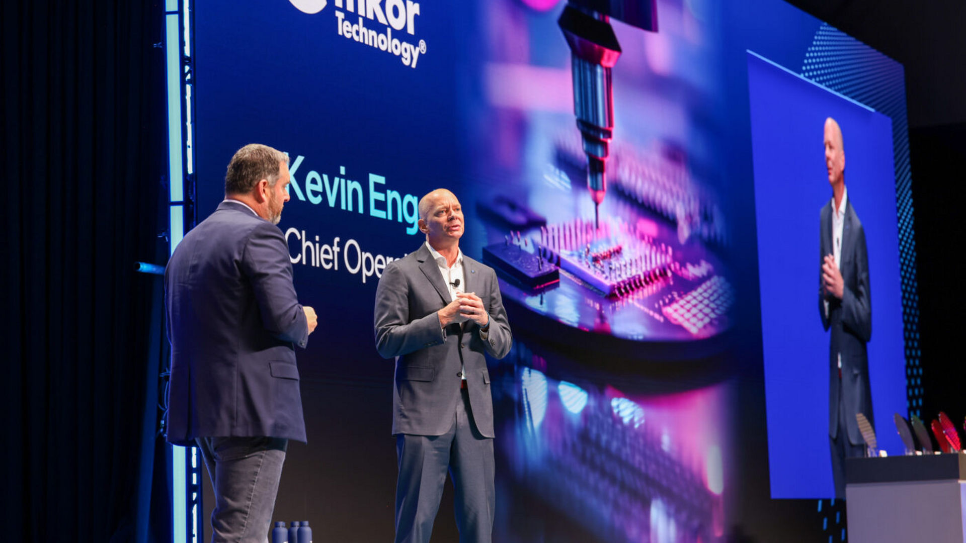Kevin O’Buckley and Kevin Engel speak on stage at the Intel Foundry Direct Connect keynote.