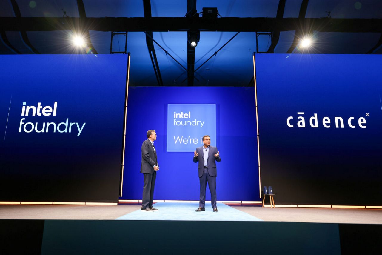 Intel CEO Lip-Bu Tan (left) speaks with Anirudh Devgan, presiden
