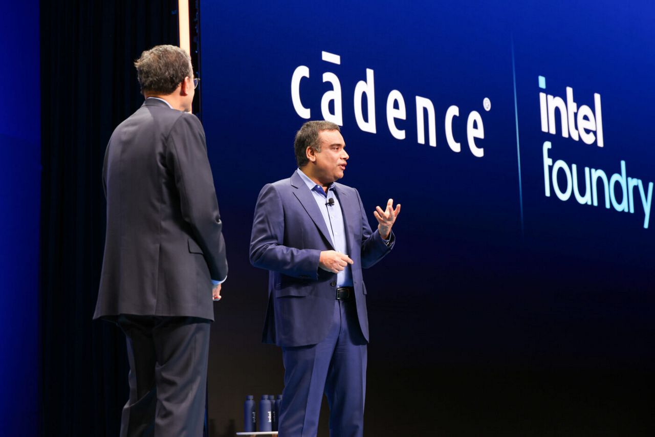 Intel CEO Lip-Bu Tan (left) speaks with Anirudh Devgan, presiden