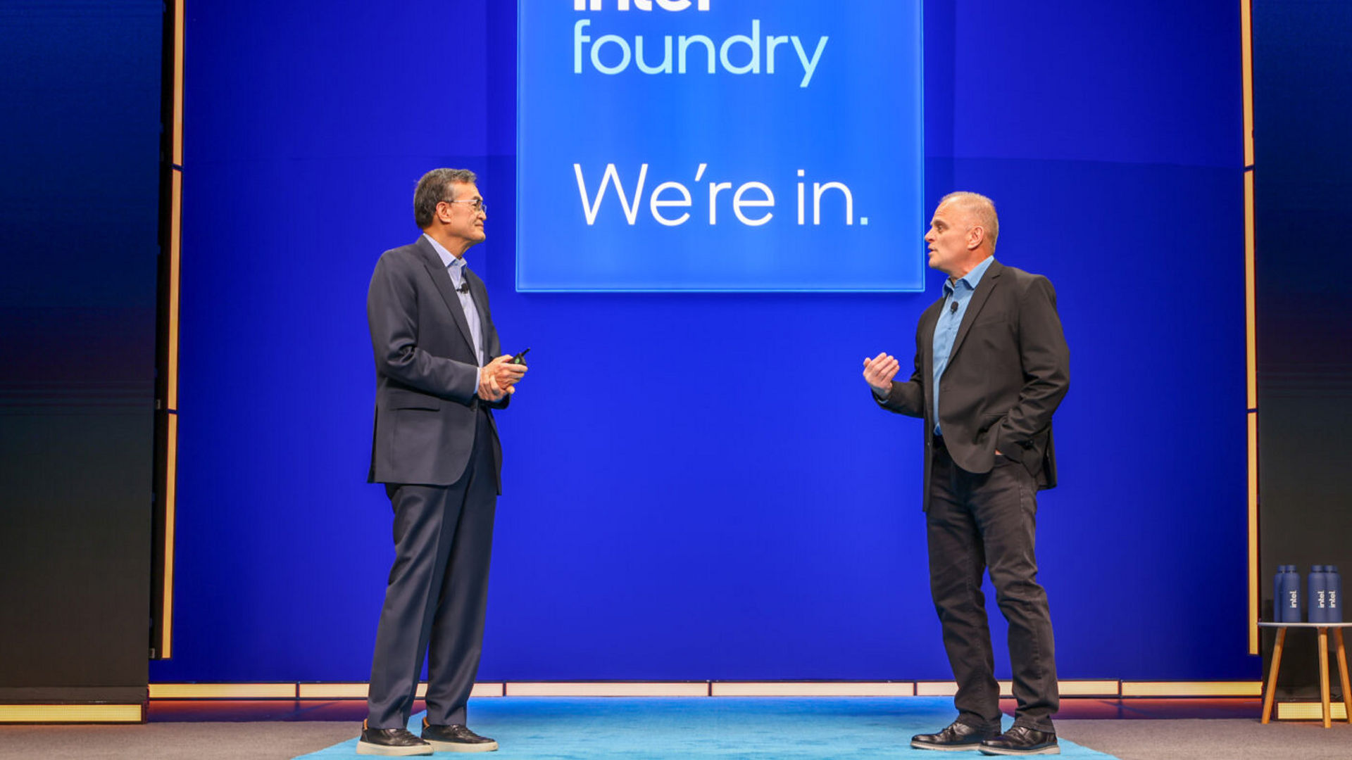Lip-Bu Tan and Mike Ellow speak on stage at Intel Foundry Direct Connect.