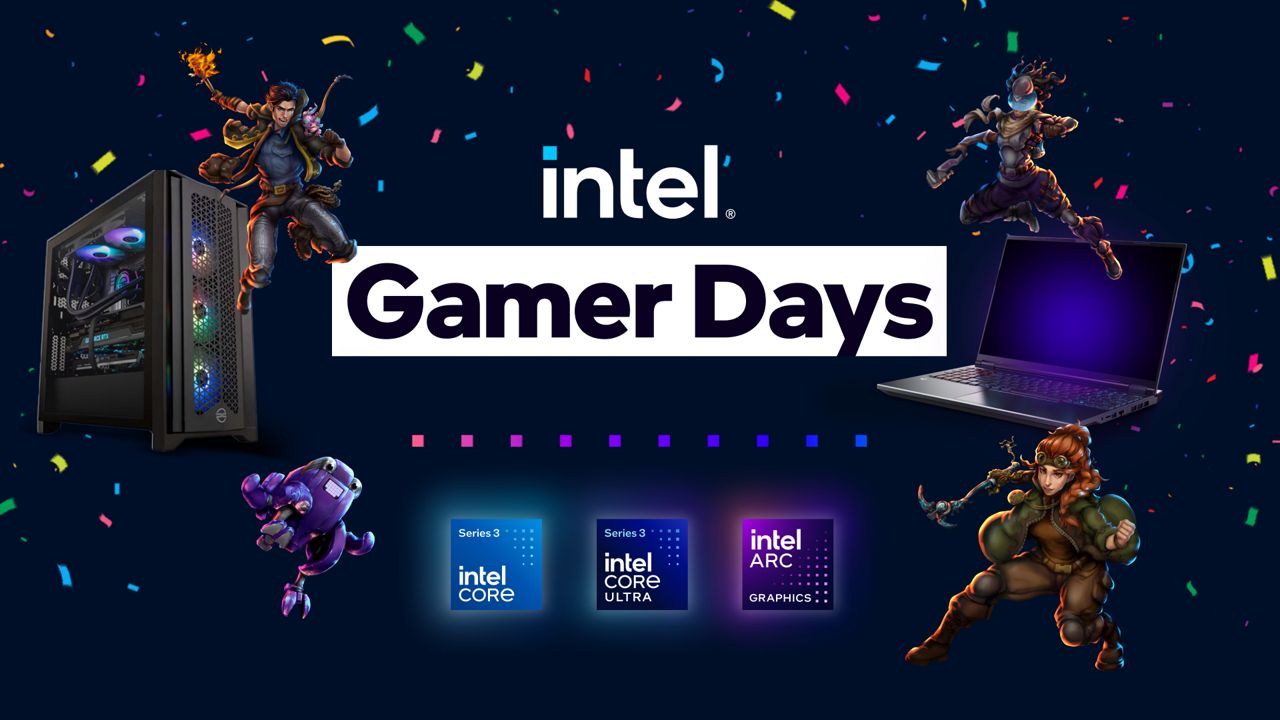 Intel Gamer Days image featuring confetti, gaming characters, a laptop and a desktop gaming computer.
