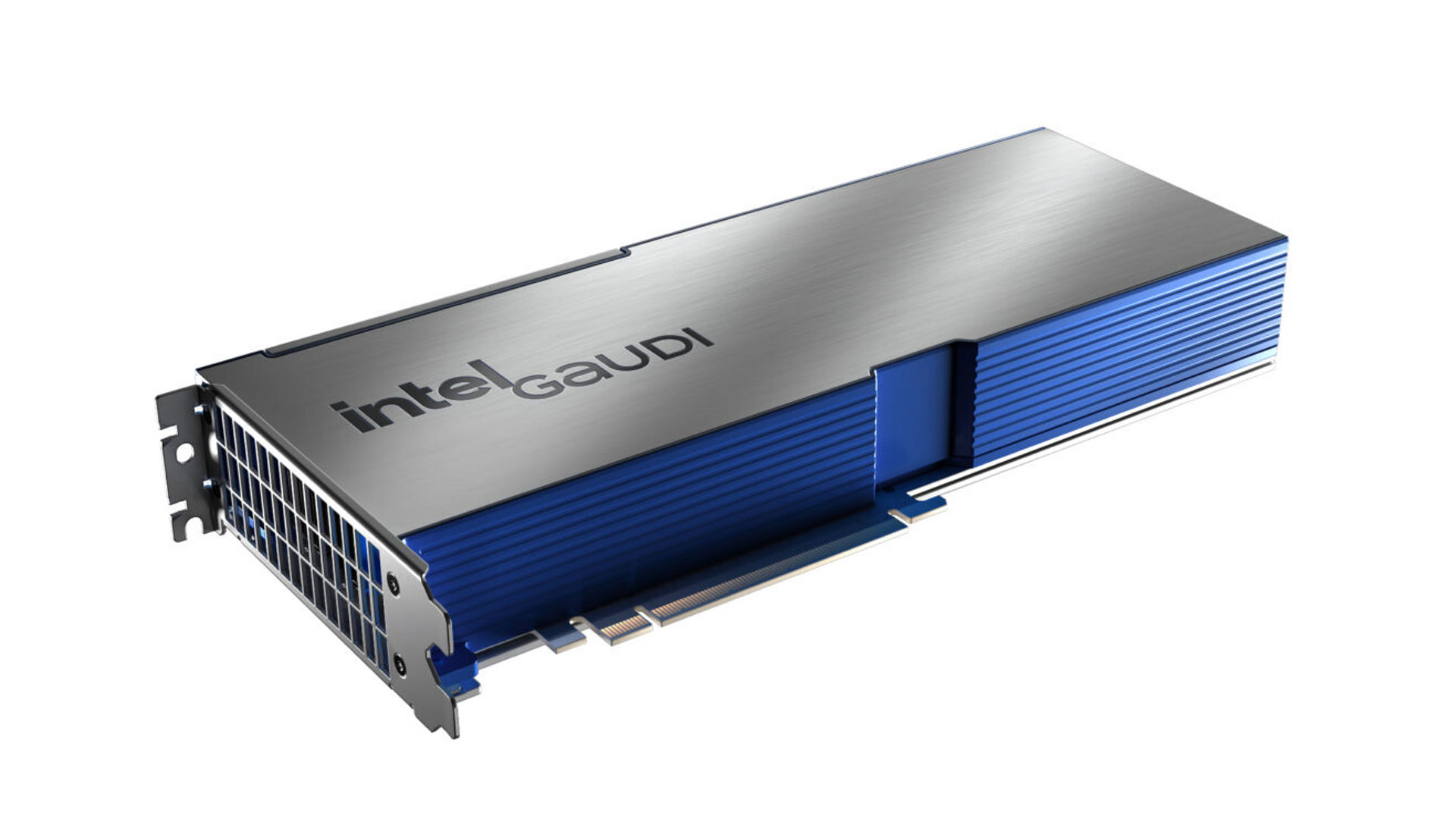 Intel Gaudi 3 PCIe accelerator card with a silver and blue casing.