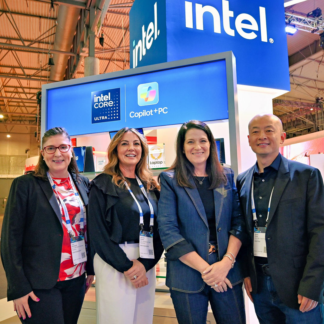 Intel leaders (from left) Carla Rodriguez, Jennifer Larson, Michelle Johnston Holthaus and David Feng pose at the Intel booth during Mobile World Congress 2025 in Barcelona, Spain. (Credit: Intel Corporation)