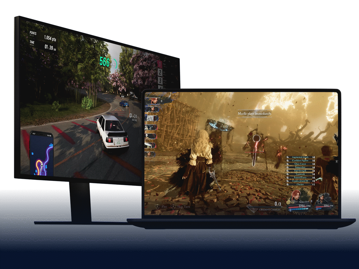 Gaming laptop connected to an external monitor displaying games