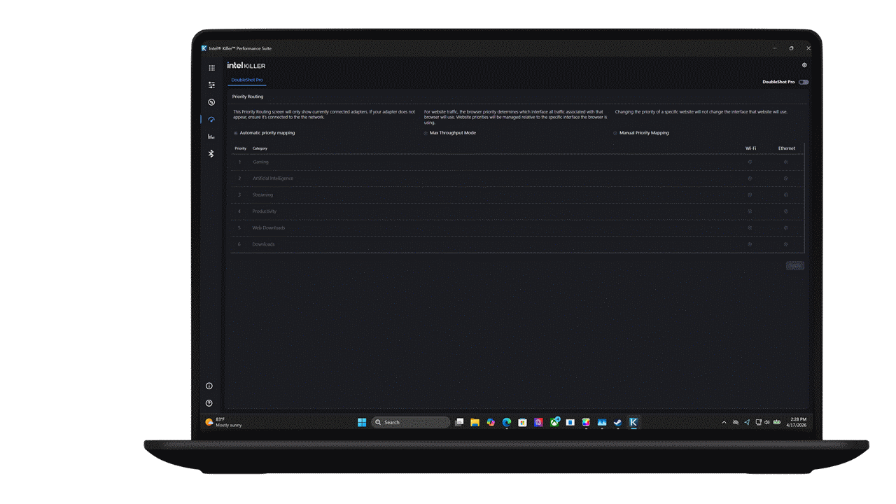 Intel Killer DoubleShot Pro laptop interface