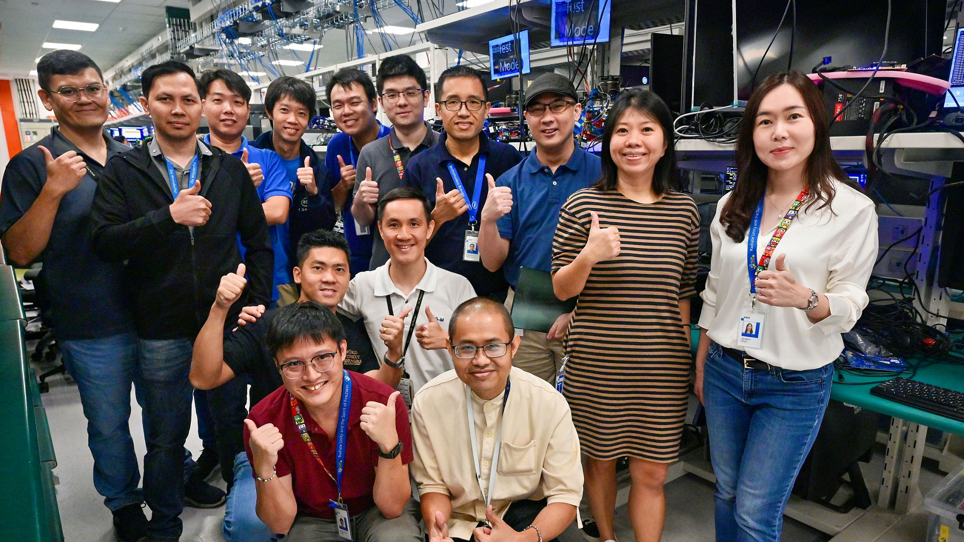 Intel engineers gather for a photo at the company’s Client Computing Group Mega Lab in Penang, Malaysia, in April 2025. (Credit: Intel Corporation)
