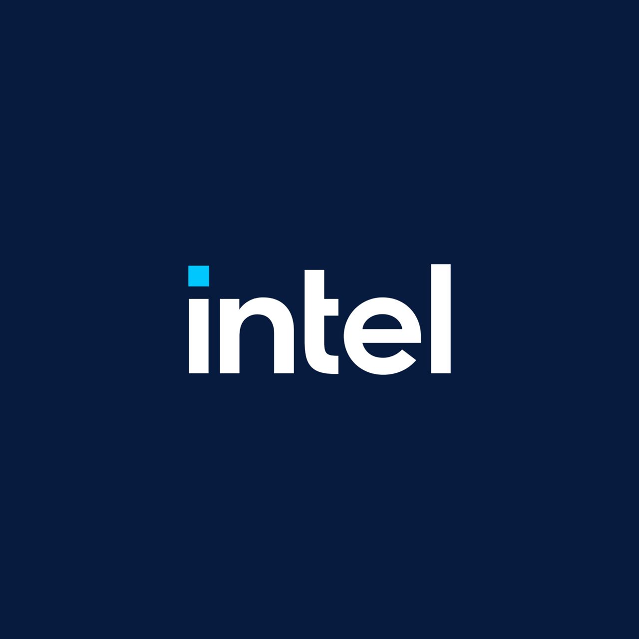 Intel logo on blue background.