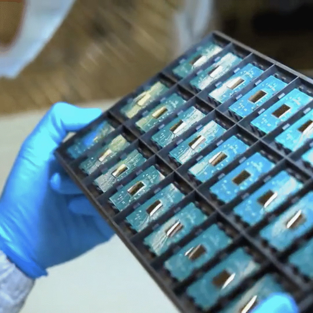 Gloved hand holding processor units