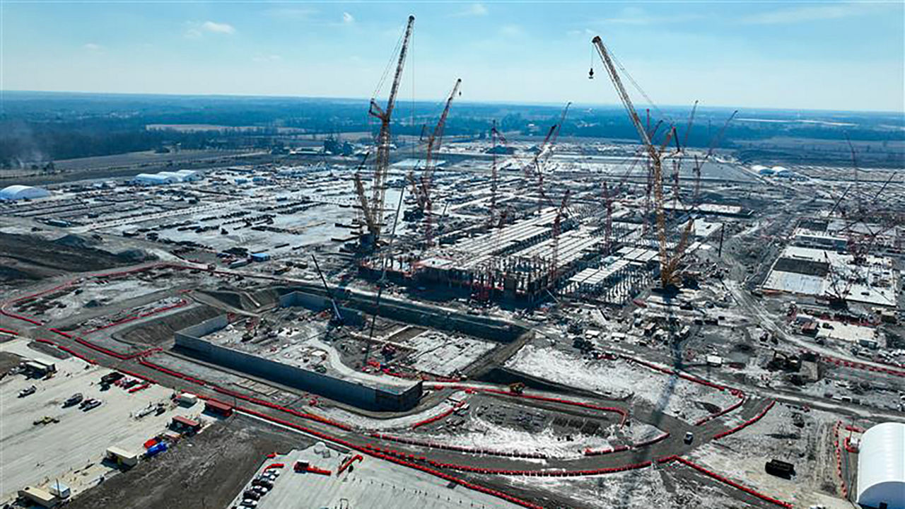 Aerial view of construction progress at Intel's Ohio One campus in New Albany, Ohio.