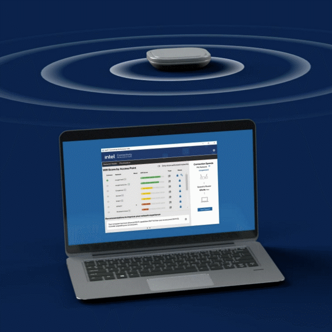 Gray Intel performance connectivity for business Wi-Fi unit with laptop