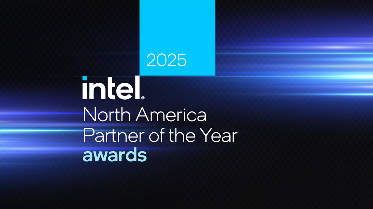 A dark blue background with lighter blue striped flares of light and the words Intel Partner of the Year awards