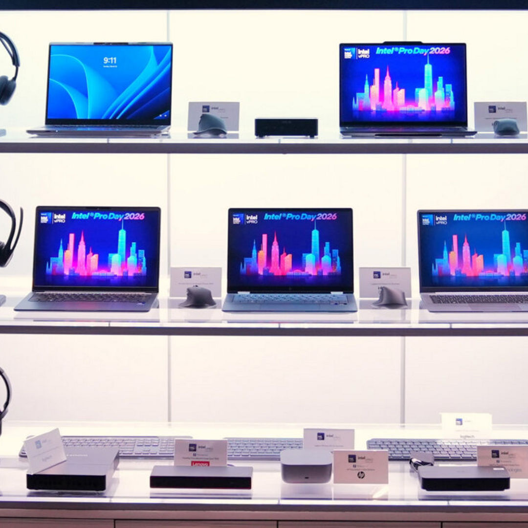 A showcase of Intel vPro-powered devices and accessories highlights the diverse range of business solutions built on Intel's commercial platform. From laptops to certified peripherals, these devices deliver the security, manageability, and performance optimized for modern business. (Credit: Intel Corporation)
