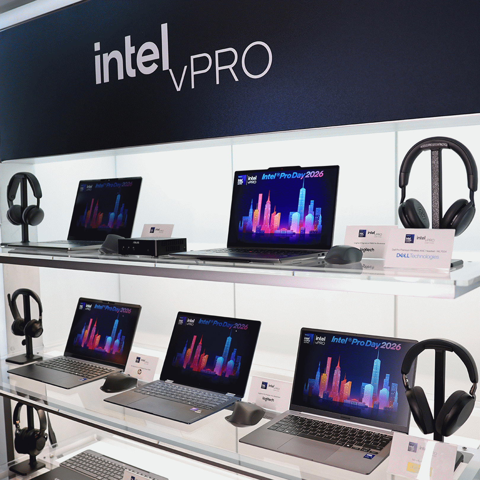 Laptops, headsets, mice and a compact desktop displayed beneath an Intel vPro sign.
